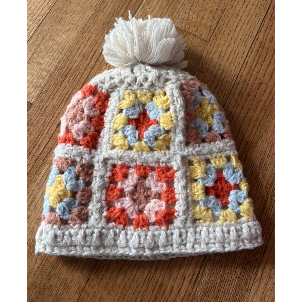 Wild Fable Crocheted Granny Square Beanie Hat Pom Pom